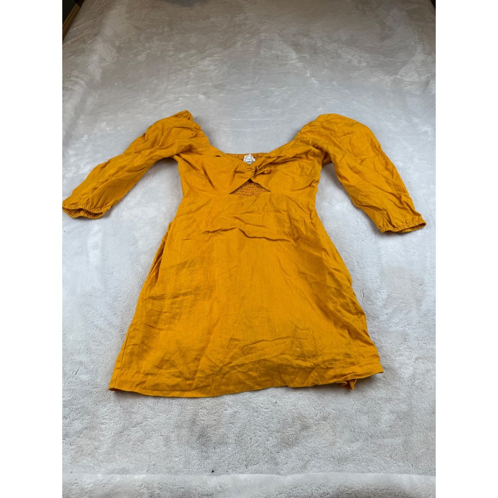 LOFT Beach Dress Womens S Yellow Long Sleeve Mini Smocked Linen Blend